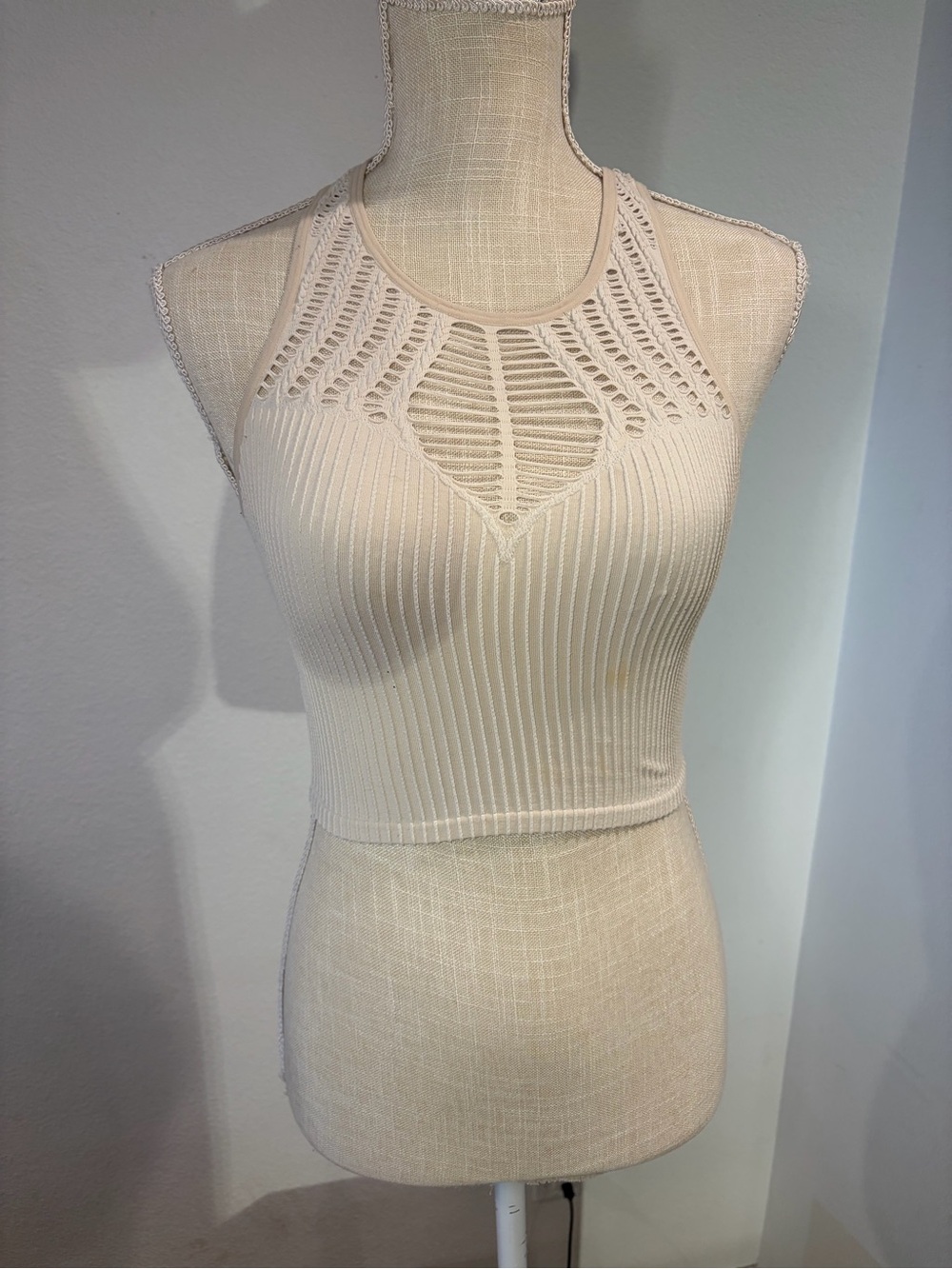 We The Free Openwork Ribbed Halter Crop Top in Cream